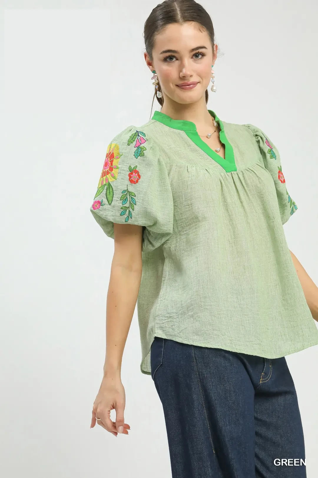 Umgee Blouse Green Floral Embroidered Puff Sleeve V-Neck Trim Casual Top