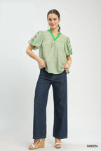 Umgee Blouse Green Floral Embroidered Puff Sleeve V-Neck Trim Casual Top