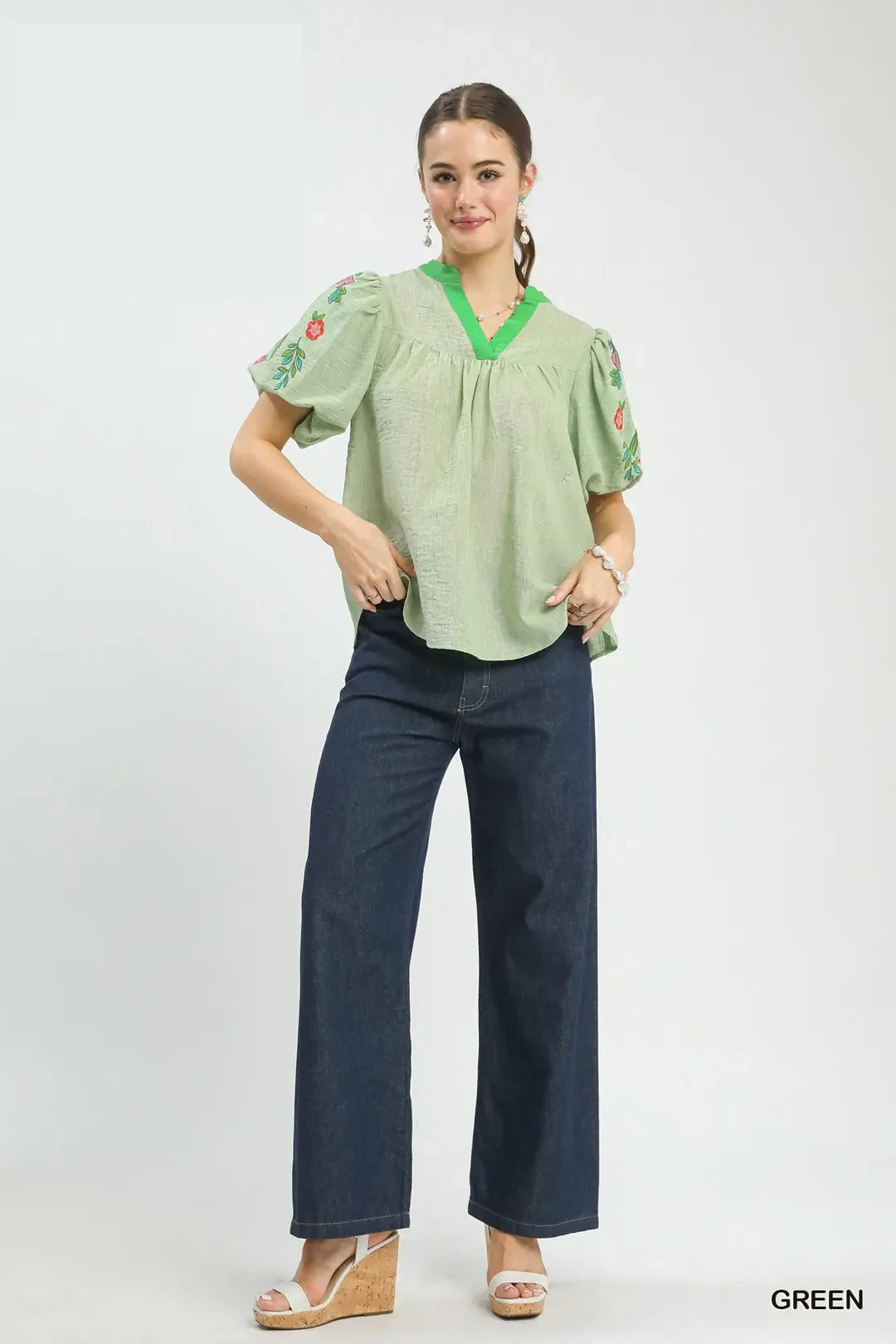 Umgee Blouse Green Floral Embroidered Puff Sleeve V-Neck Trim Casual Top
