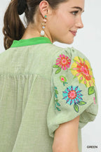 Umgee Blouse Green Floral Embroidered Puff Sleeve V-Neck Trim Casual Top