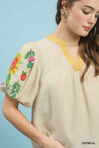 Umgee Casual Blouse Floral Embroidered Puff Short Sleeve V-Neck Ruffle Top