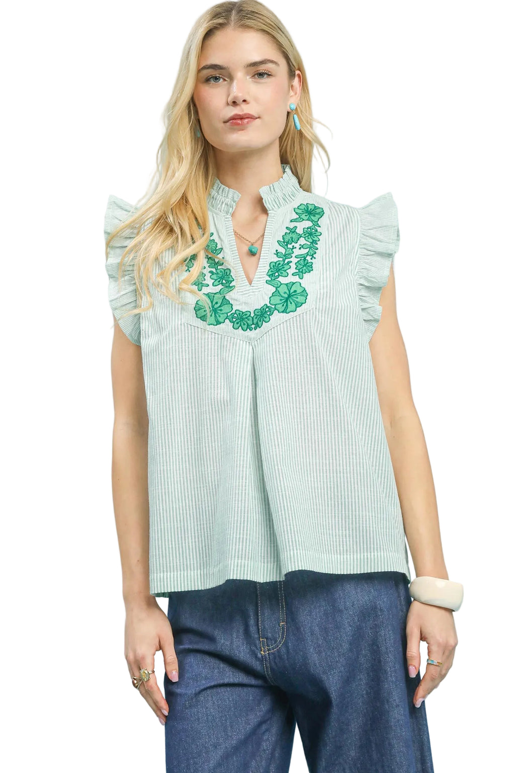 Umgee Green Striped Blouse Cotton Floral Embroidered V-Neck Ruffle Casual Top