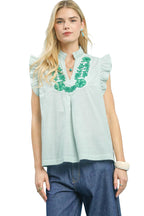 Umgee Green Striped Blouse Cotton Floral Embroidered V-Neck Ruffle Casual Top