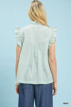 Umgee Green Striped Blouse Cotton Floral Embroidered V-Neck Ruffle Casual Top