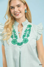 Umgee Green Striped Blouse Cotton Floral Embroidered V-Neck Ruffle Casual Top