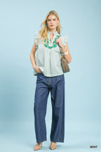 Umgee Green Striped Blouse Cotton Floral Embroidered V-Neck Ruffle Casual Top