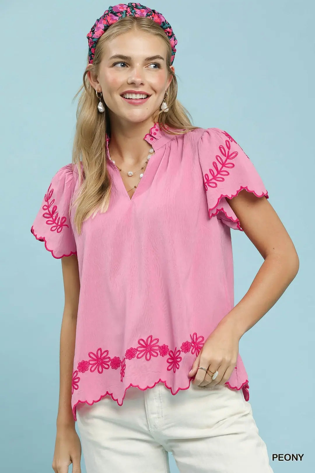 Umgee Casual Blouse Pink Floral Embroidered V-Neck Scallop Ruffle Top
