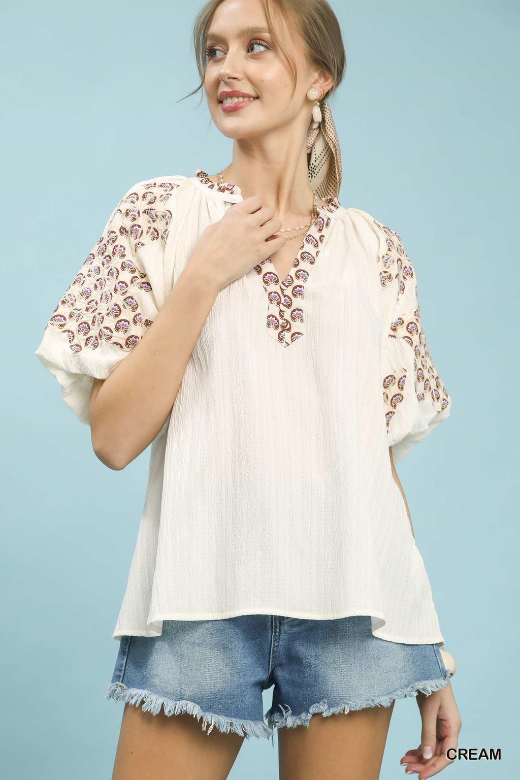 Umgee Casual Blouse Cream V-Neck Floral Embroidered Short Sleeve Top