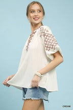 Umgee Casual Blouse Cream V-Neck Floral Embroidered Short Sleeve Top