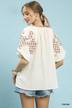 Umgee Casual Blouse Cream V-Neck Floral Embroidered Short Sleeve Top