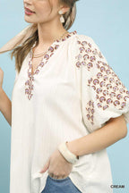 Umgee Casual Blouse Cream V-Neck Floral Embroidered Short Sleeve Top
