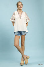 Umgee Casual Blouse Cream V-Neck Floral Embroidered Short Sleeve Top