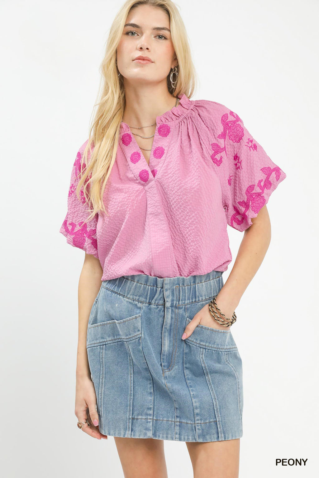 Umgee USA Textured Blouse V-Neck Floral Embroidered Pink Flutter Sleeve Top