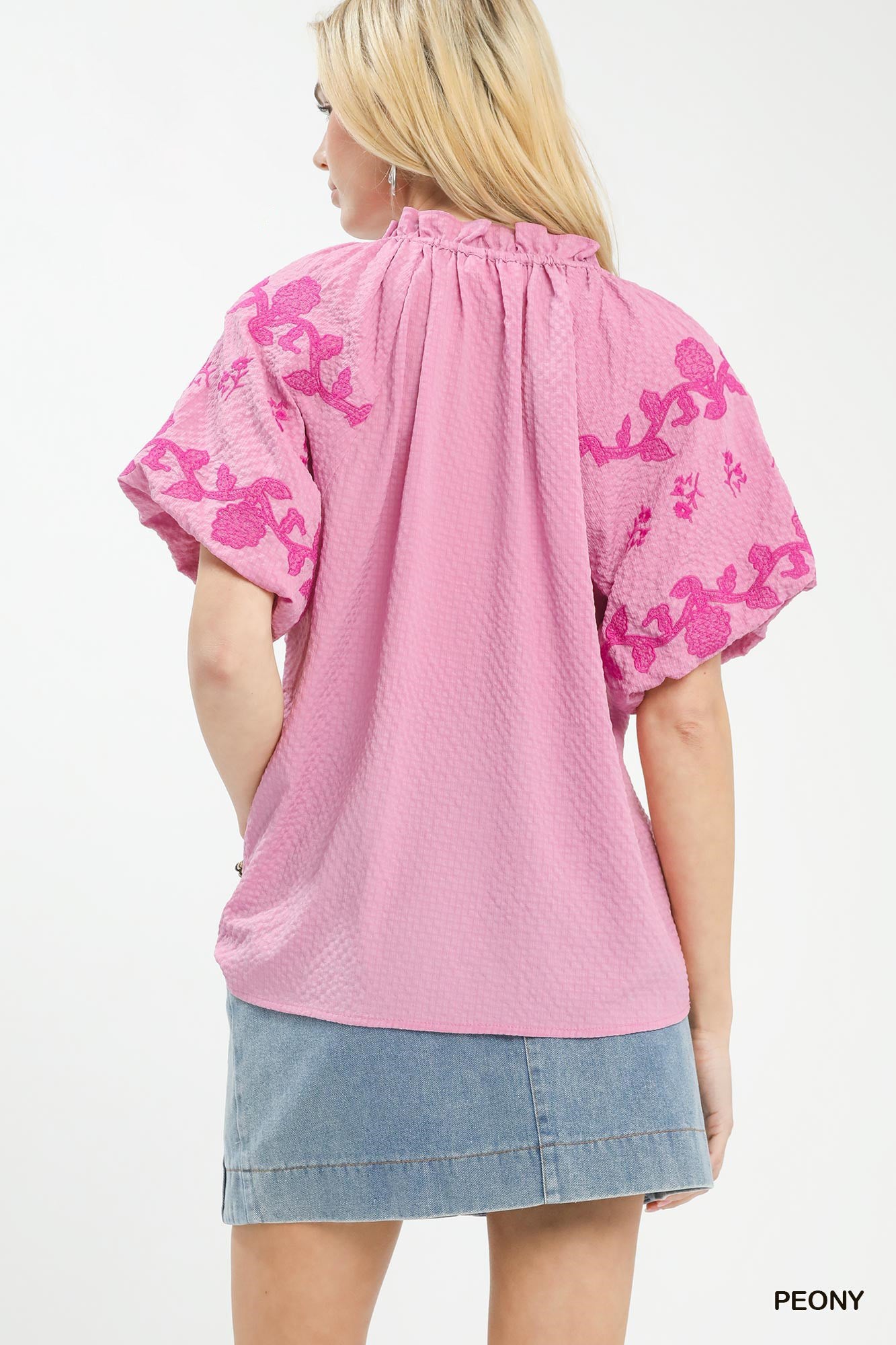 Umgee USA Textured Blouse V-Neck Floral Embroidered Pink Flutter Sleeve Top