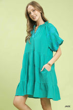 Umgee Mini Dress Ruffle Layered Floral Embroidered V-Neck Short Sleeve Jade