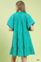 Umgee Mini Dress Ruffle Layered Floral Embroidered V-Neck Short Sleeve Jade