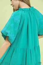 Umgee Mini Dress Ruffle Layered Floral Embroidered V-Neck Short Sleeve Jade