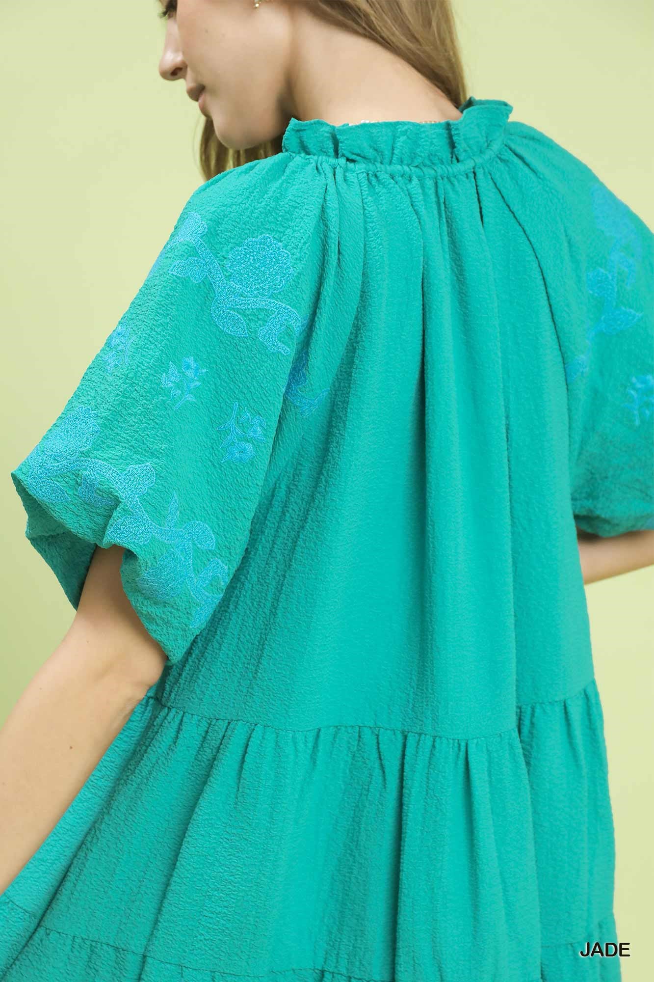 Umgee Mini Dress Ruffle Layered Floral Embroidered V-Neck Short Sleeve Jade