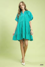 Umgee Mini Dress Ruffle Layered Floral Embroidered V-Neck Short Sleeve Jade