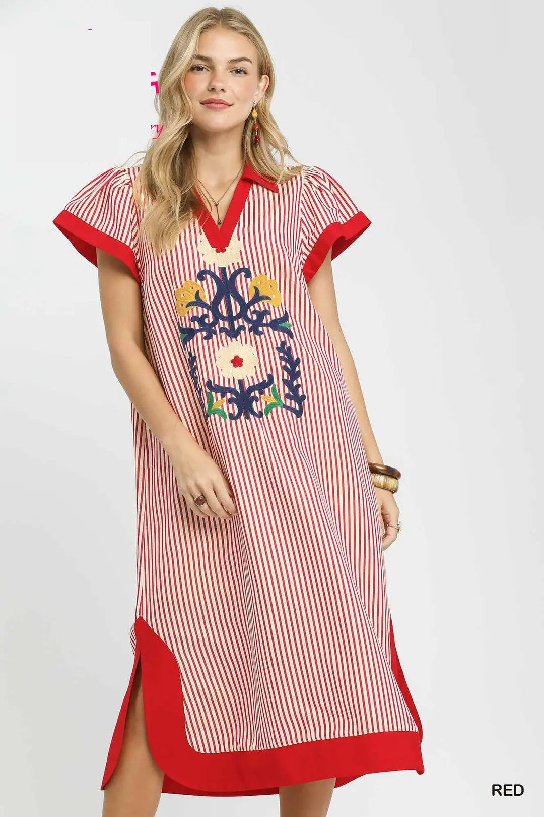 Umgee USA Midi Dress Striped Red Floral Embroidered V-Neck Trim Side Slit Shift