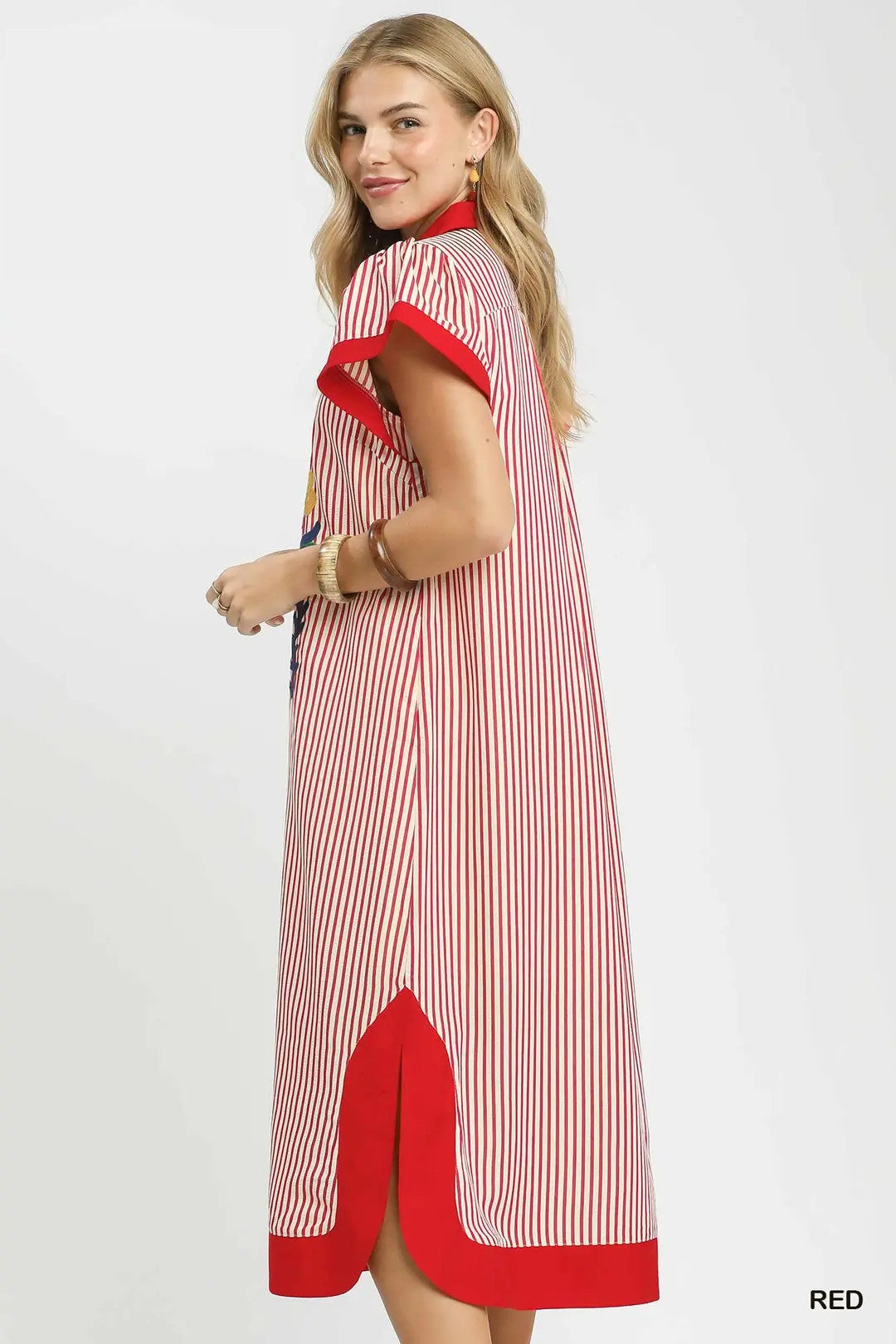 Umgee USA Midi Dress Striped Red Floral Embroidered V-Neck Trim Side Slit Shift