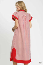 Umgee USA Midikleid gestreift rot Blumenstickerei V-Ausschnitt Besatz Seitenschlitz Shift