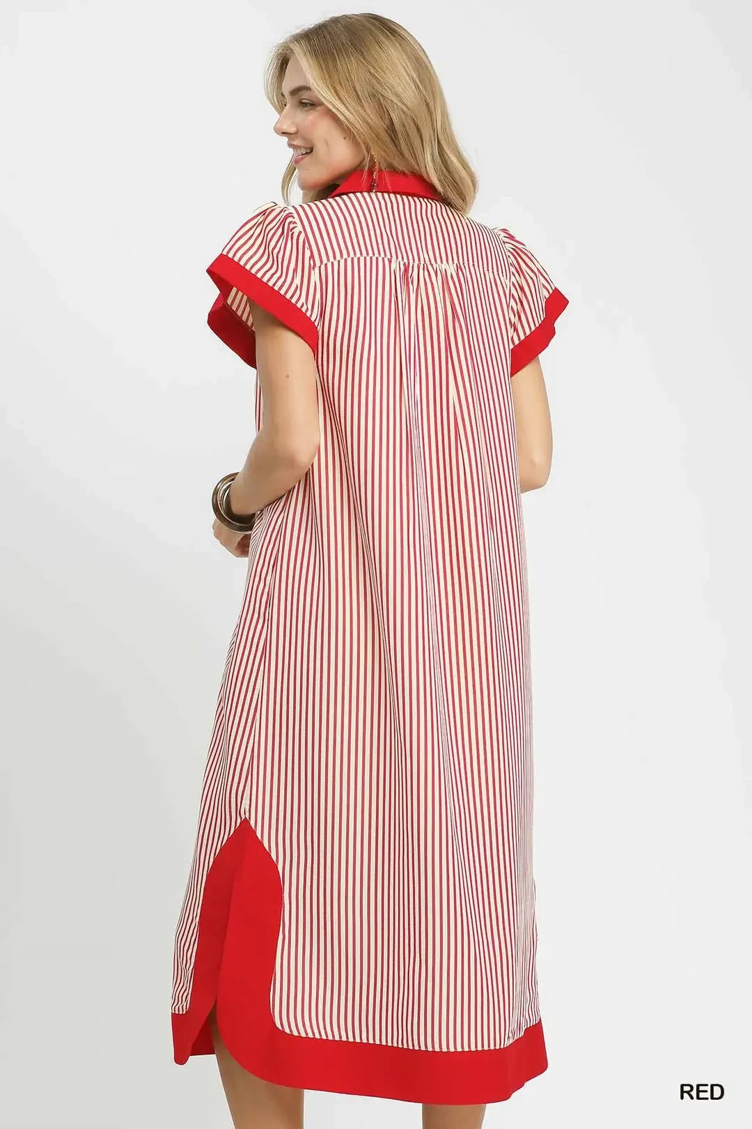 Umgee USA Midi Dress Striped Red Floral Embroidered V-Neck Trim Side Slit Shift