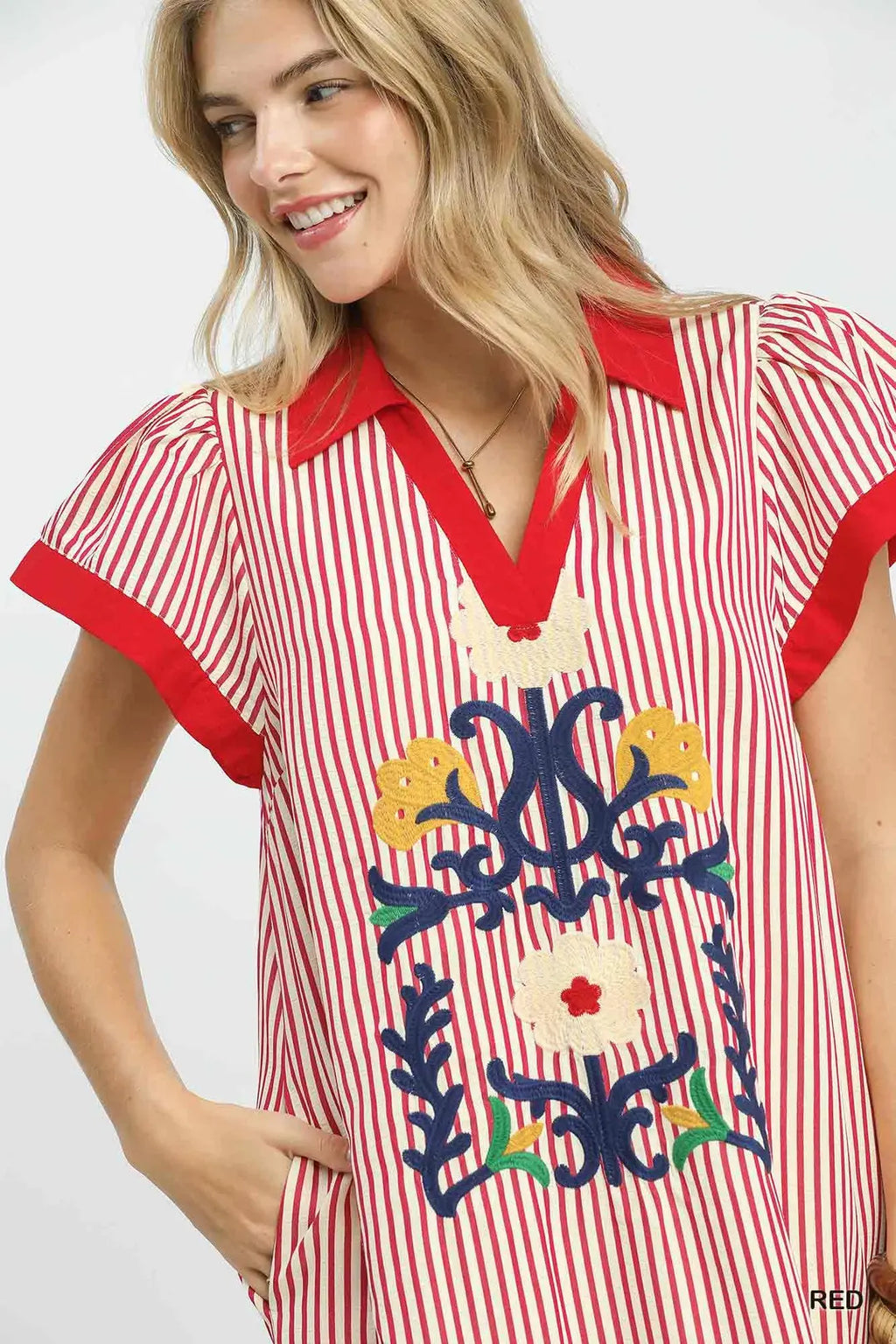 Umgee USA Midi Dress Striped Red Floral Embroidered V-Neck Trim Side Slit Shift