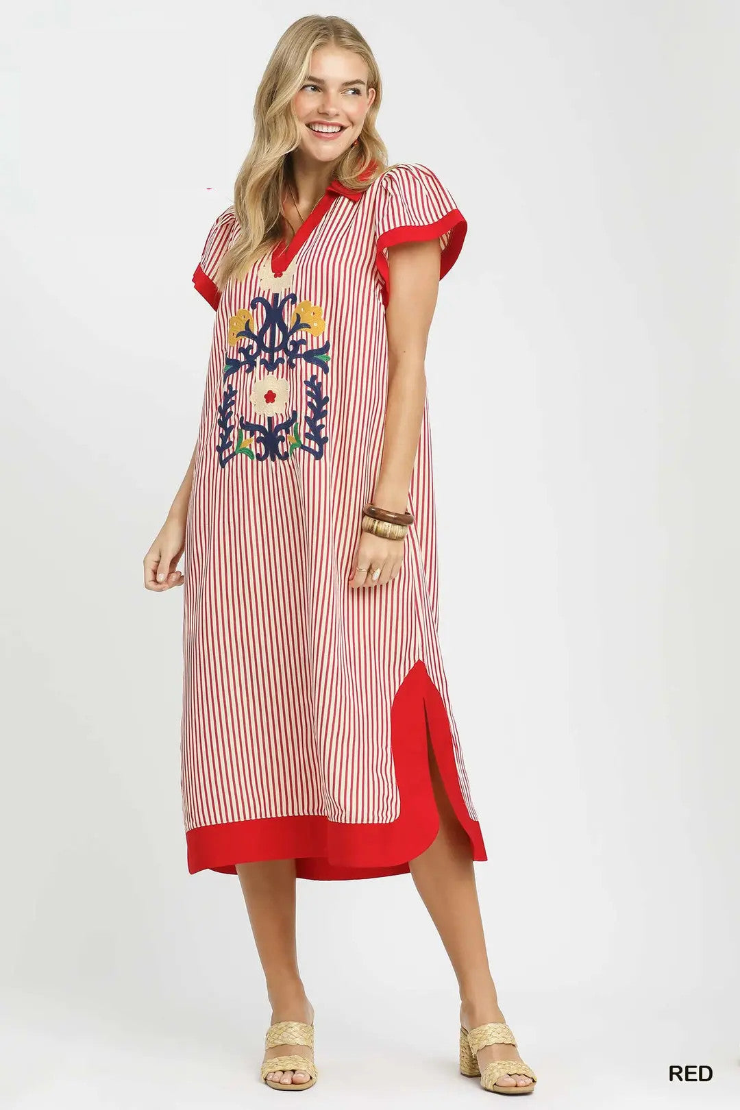 Umgee USA Midi Dress Striped Red Floral Embroidered V-Neck Trim Side Slit Shift