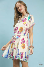 Umgee Ecru Floral Mini Dress Belted Ruffle V-Neck Collar Short Sleeve Casual