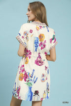 Umgee Ecru Floral Mini Dress Belted Ruffle V-Neck Collar Short Sleeve Casual
