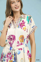 Umgee Ecru Floral Mini Dress Belted Ruffle V-Neck Collar Short Sleeve Casual