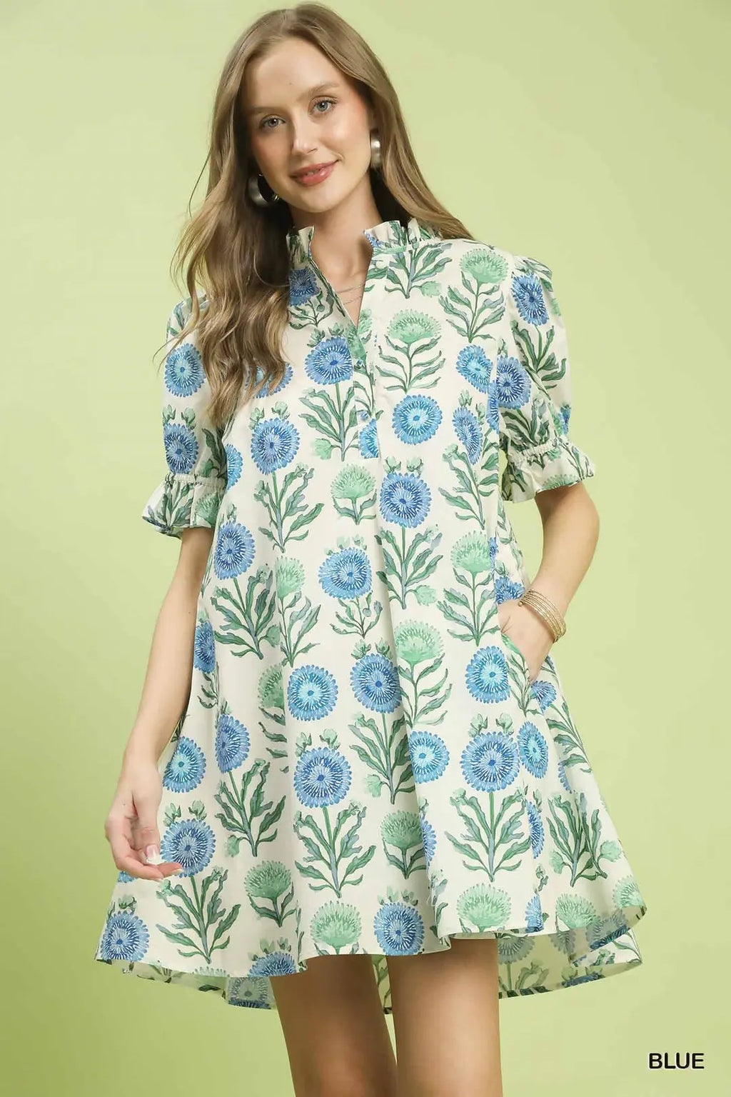 Umgee USA Babydoll Mini Dress V-Neck Blue Floral Puff Sleeve with Side Pockets