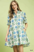Umgee USA Babydoll Minikleid V-Ausschnitt Blau Blumenmuster Puffärmel mit Seitentaschen