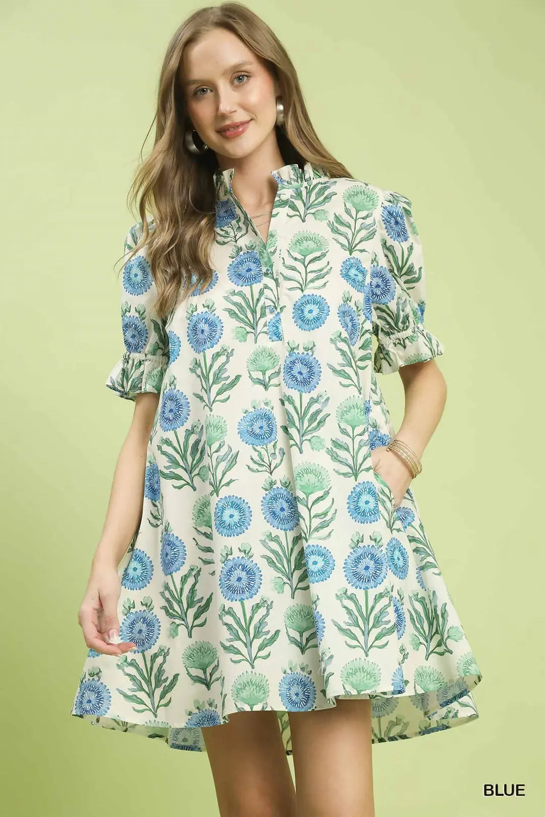 Umgee USA Babydoll Mini Dress V-Neck Blue Floral Puff Sleeve with Side Pockets