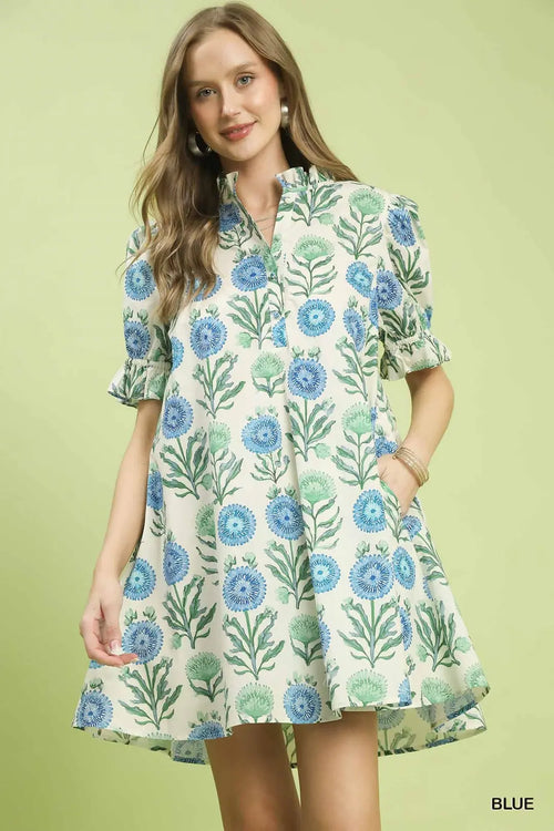 Umgee USA Babydoll Mini Dress V-Neck Blue Floral Puff Sleeve with Side Pockets
