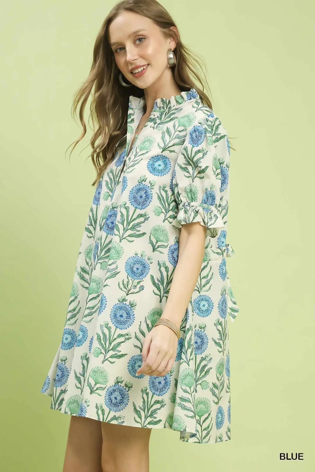 Umgee USA Babydoll Mini Dress V-Neck Blue Floral Puff Sleeve with Side Pockets