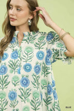Umgee USA Babydoll Minikleid V-Ausschnitt Blau Blumenmuster Puffärmel mit Seitentaschen