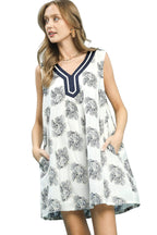 Umgee Floral Mini Dress Off White Sleeveless V-Neck Trim Summer Ruffle