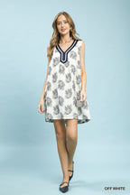 Umgee Floral Mini Dress Off White Sleeveless V-Neck Trim Summer Ruffle