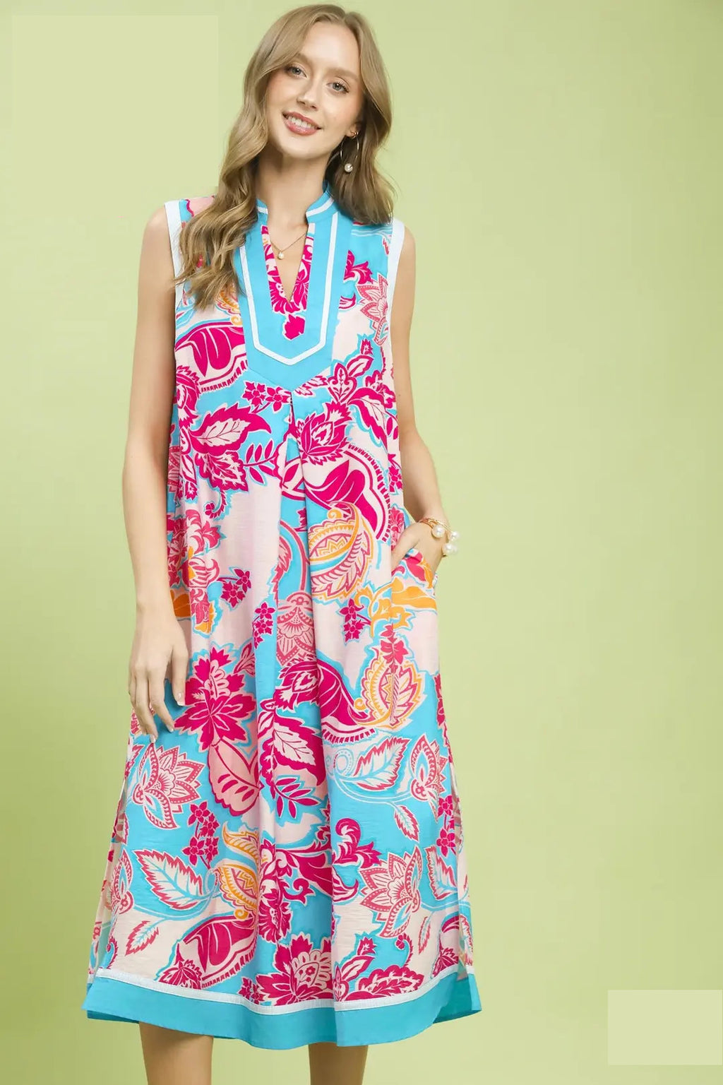 Umgee Midi Shift Dress Floral Blue V-Neck Stripe Trim Sleeveless Ruffle Pocketed