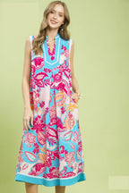 Umgee Midi Shift Dress Floral Blue V-Neck Stripe Trim Sleeveless Ruffle Pocketed