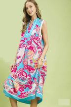 Umgee Midi Shift Dress Floral Blue V-Neck Stripe Trim Sleeveless Ruffle Pocketed