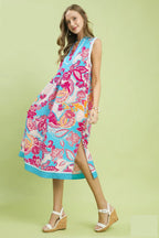 Umgee Midi Shift Dress Floral Blue V-Neck Stripe Trim Sleeveless Ruffle Pocketed