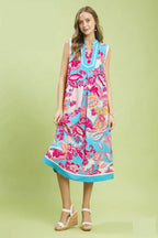 Umgee Midi Shift Dress Floral Blue V-Neck Stripe Trim Sleeveless Ruffle Pocketed