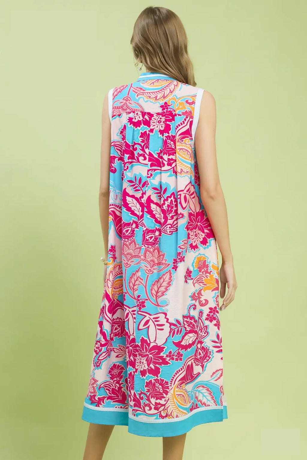 Umgee Midi Shift Dress Floral Blue V-Neck Stripe Trim Sleeveless Ruffle Pocketed