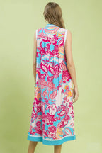 Umgee Midi Shift Dress Floral Blue V-Neck Stripe Trim Sleeveless Ruffle Pocketed