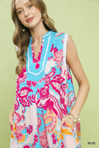 Umgee Midi Shift Dress Floral Blue V-Neck Stripe Trim Sleeveless Ruffle Pocketed