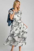Umgee Midikleid Schwarz Blumen Rüschen Lagenlook V-Ausschnitt Gebundene Elastische Taille Übergröße