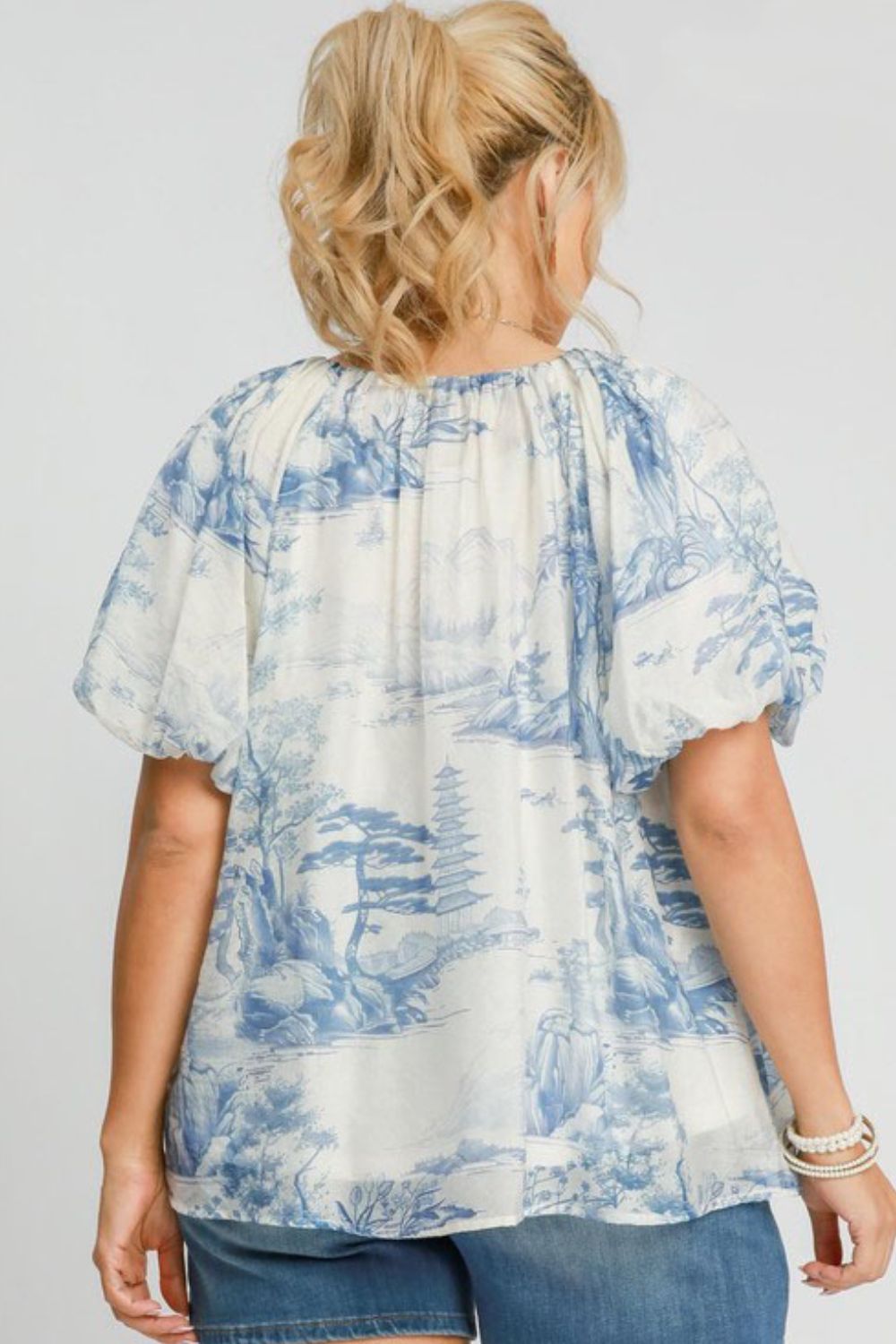 Umgee Blouse Light Blue Print Ruffle Short Balloon Sleeve Casual Top Plus Size